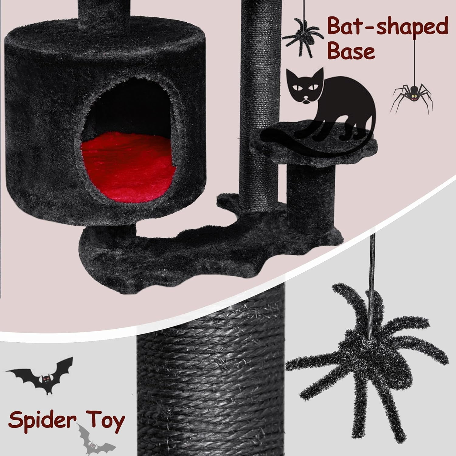 Gothic Cat Tree with Coffin Bed Goth Cat Tower Coffin Cat Tree Cat Condo with Cat Scratching Post, Spider Hanging Ball Black Red Halloween Kitten Pet Furniture
