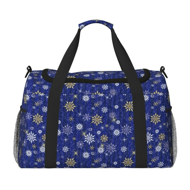 Fotbe Golden Snowflakes Royal Blue Bolsa de Viaje con Estampado, Bolsa de Fin de Semana para Mujer con Compartimento para Zapatos, Bolsa de Gimnasio con Bolsillo Húmedo
