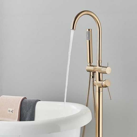Zovajonia Brushed Gold Tub Filler Freestanding Floor Mounted Bathtub Faucet w/Hand Shower