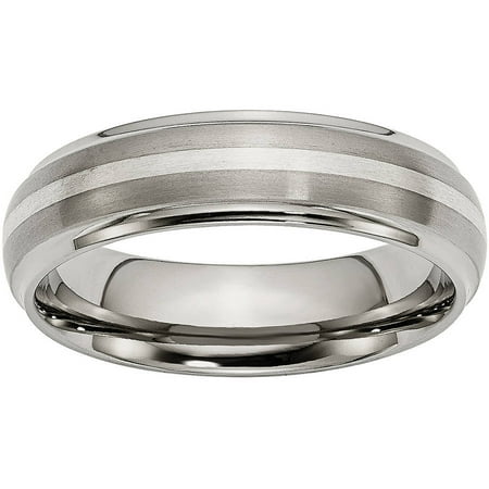 Primal Steel Titanium Ridged Edge Sterling Silver Inlay 6mm Brushed/Polished Band