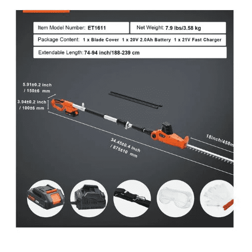 20V Cordless Hedge Trimmer 18 inch Double edged Steel Blade Pole Hedge Trimmer Kit