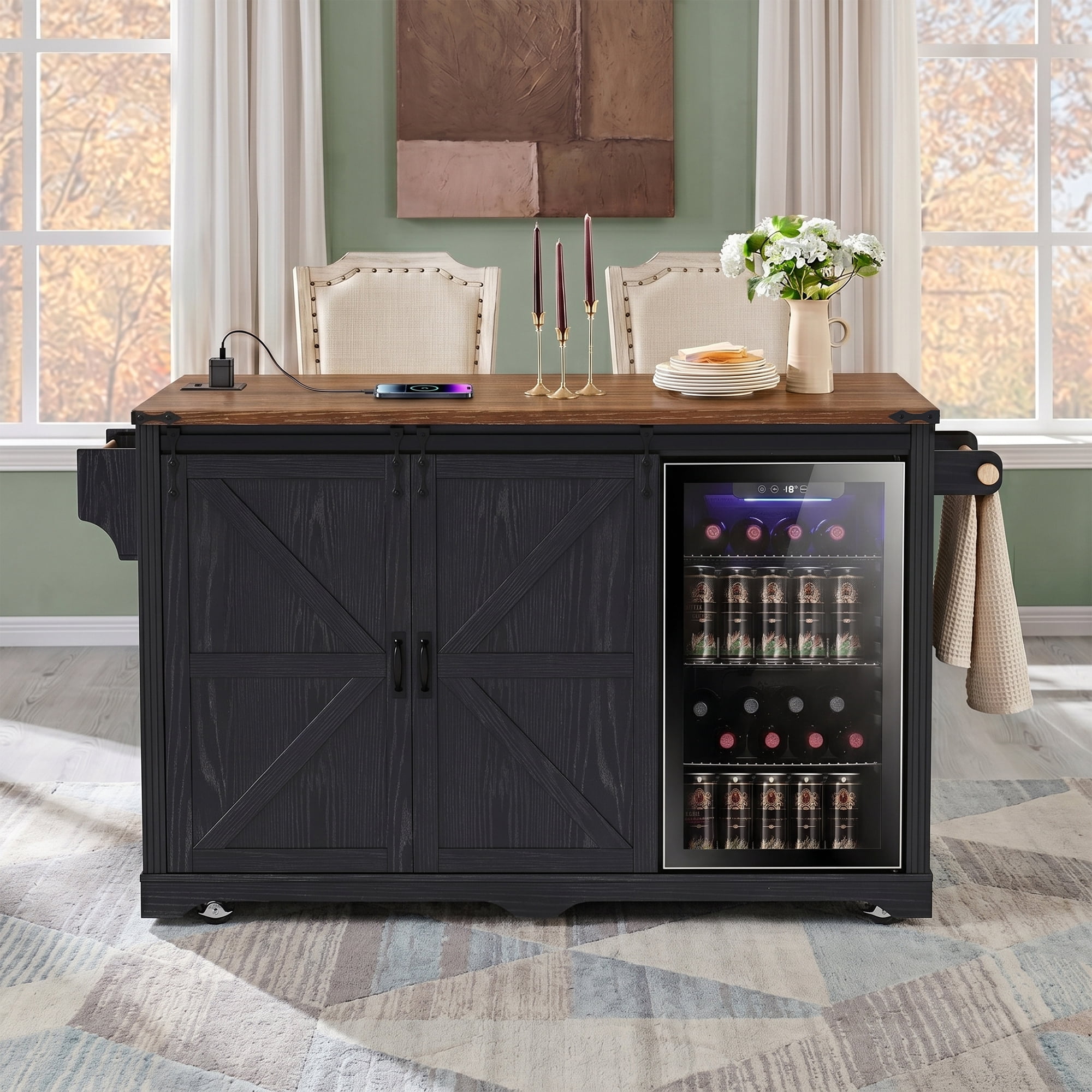 Mintazer 72" Farmhouse Rolling Kitchen Island with 2 Mini Fridge Space & Drop Leaf Countertop and Power Outlet, Bar Storage Cabinet with 4 Drawers & Barn Doors for Kitchen Dining Room, Black & Walnut