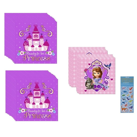 Disney Princess Sofia the First Birthday Party Supplies Bundle includes 48 Paper Napkins and 1 Dinosaur Sticker Sheet