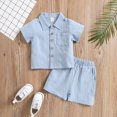 thumbnail image 3 of Conjunto de ropa de playa de lino para niños, conjunto de 2 piezas, pantalones cortos, Polo, Color sólido, estilo informal, playa, boda, Verano, 3 of 5