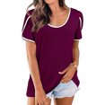 thumbnail image 1 of Women Stripe Stitching Short Sleeve Round Neck Solid Color T-shirt, 1 of 4