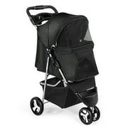 Pet Stroller, Cat Dog Travel Carrier Folding Jogging Stroller with Storage Basket & Cup Holders, Black
