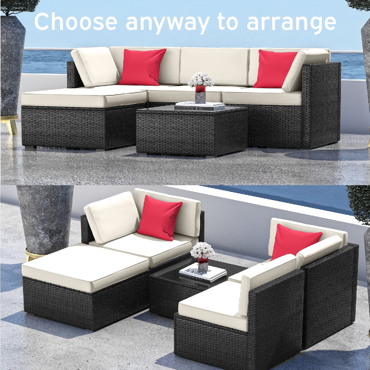 Hearth & Harbor 5-Piece Outdoor Furniture Sets, Wicker Sectional Patio Set, Black/Off White