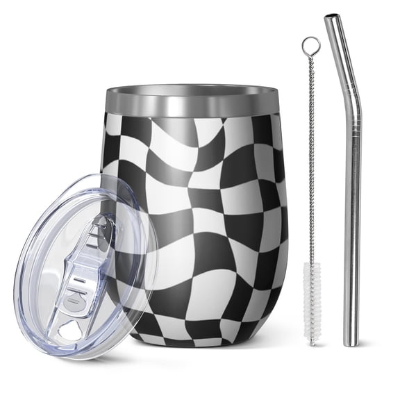 12oz Stemless Wine Tumblers Black and White Wavy Checkerboard Pattern Vacuum Insulated Stainless Steel Travel Tumbler Cups Mug with Lid and Straw for Champaign,Cocktail,Beer with Cleaning Brush