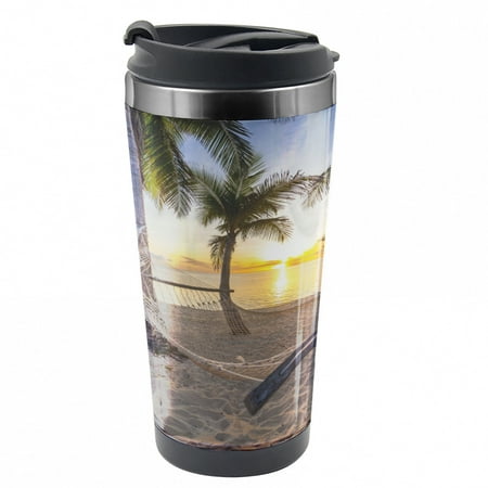 

Tropical Travel Mug Paradise Beach Palms Steel Thermal Cup 16 oz by Ambesonne