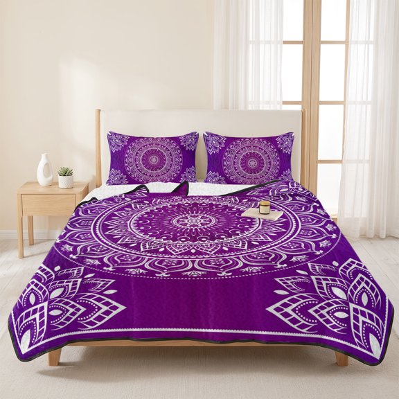 Queen Quilt Set, Bohemian Flower Purple Gradient Ethnic Style Lightweight Quilt Sets Summer Comforter Coverlets with 2 Pillow Shams, Gorgeous Floral Breathable 3 Piece Bedding Set for All Seasons