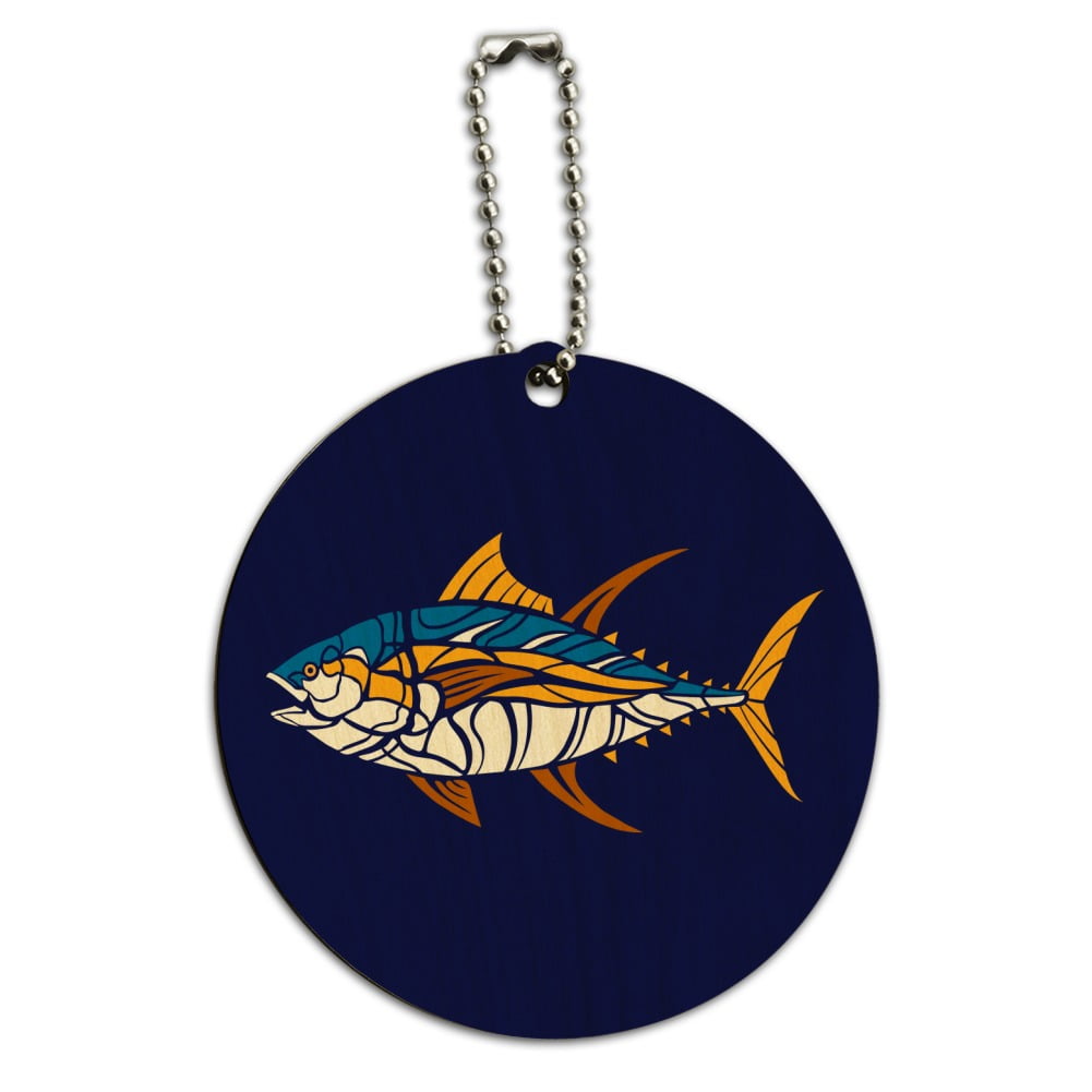 Tuna Fish Design Round Wood Luggage Card Suitcase CarryOn ID Tag