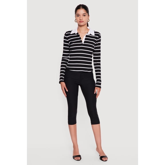 Women's Almost Famous Ribbed Knit Striped Long Sleeve Polo Shirt