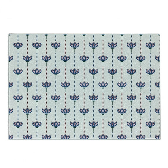 East Cutting Board, Ottoman Tiles Inspired Bohem Tulip Flowers and Polka Dots Image, Decorative Tempered Glass Cutting and Serving Board, Small Size, Red Navy Blue and White, by Ambesonne
