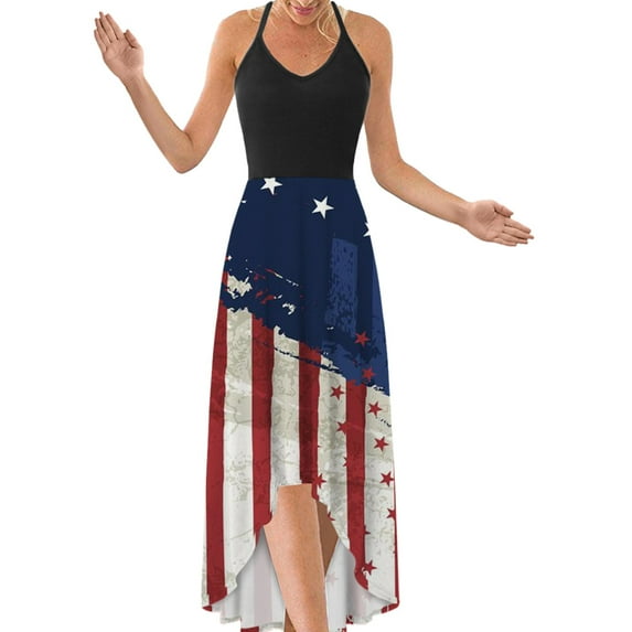 GORHGORH Women Slip Dress American Flag Printed Sleeveless Independence Day Halter Dress