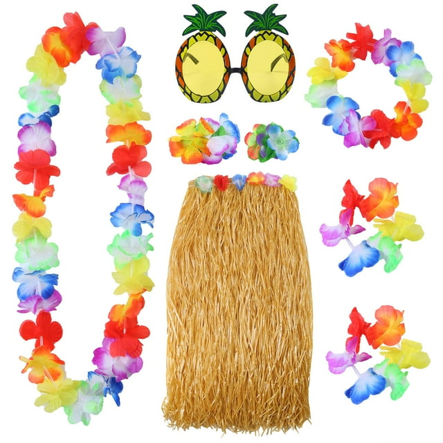 Conjunto de falda hawaiana Hula Grass Elcoho con gafas de sol y leis