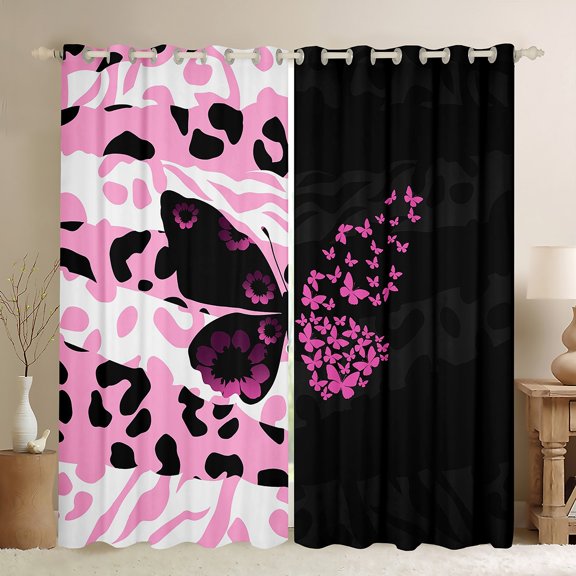 Feelyou Romantic Butterfly Kids Black Out Curtains, Black Pink Leopard Print Curtains Pack of 2 (42x63 Each), Modern Fashion Bedroom Curtains, Window Curtains Home Decor