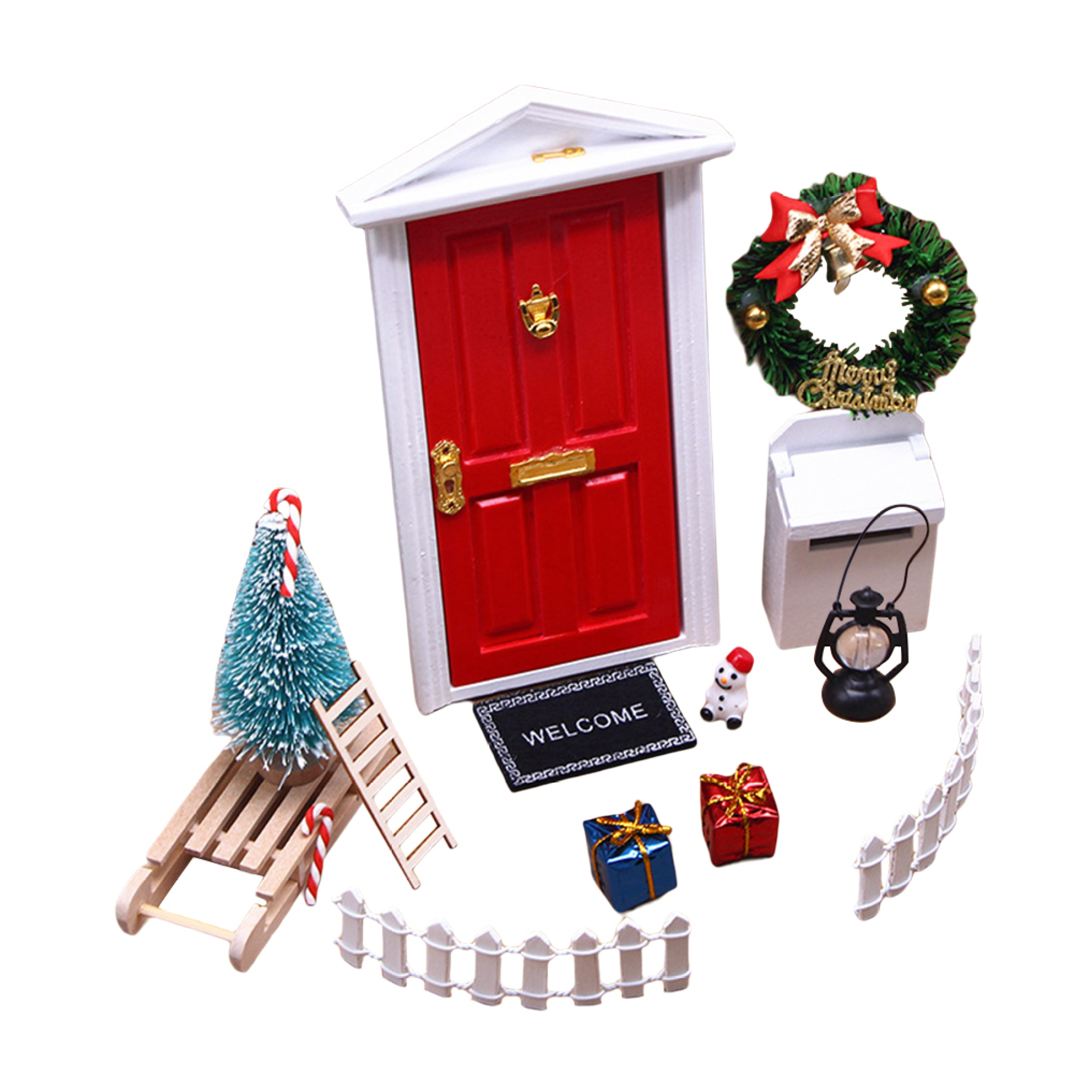 EUBUY 12pcs Miniature Doll House Christmas Decoration Red Door Garland