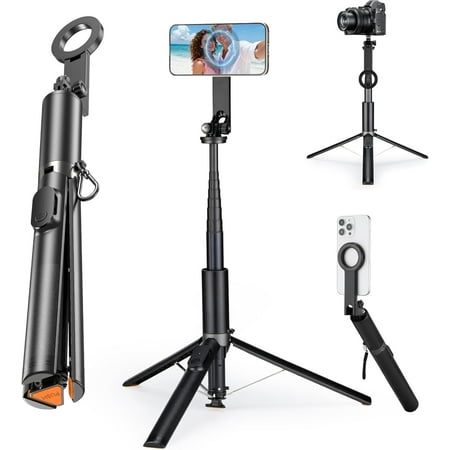 Magnetic Phone Tripod 76 Auto-Open Phone Stand with Metal Ring & Rechargable Remote Portable Selfie Stick with Magnetic Holder for Magsafe 360&deg;Rotatable Phone Stand Travel for iPhone/Android/Camera