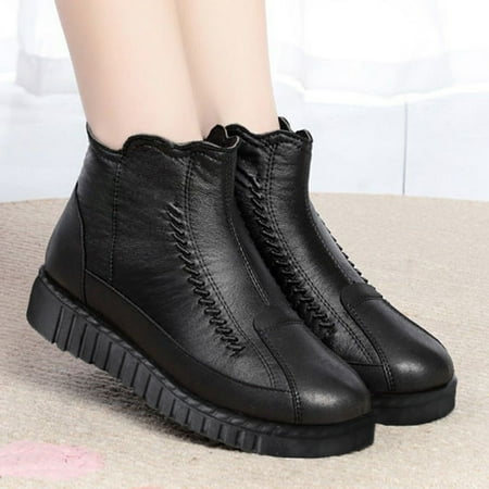 

TALKVE Fashion Women Solid Color Autumn Thick Sole Flat Zipper Short Booties Plush Keep Warm Winter Round Toe Shoes