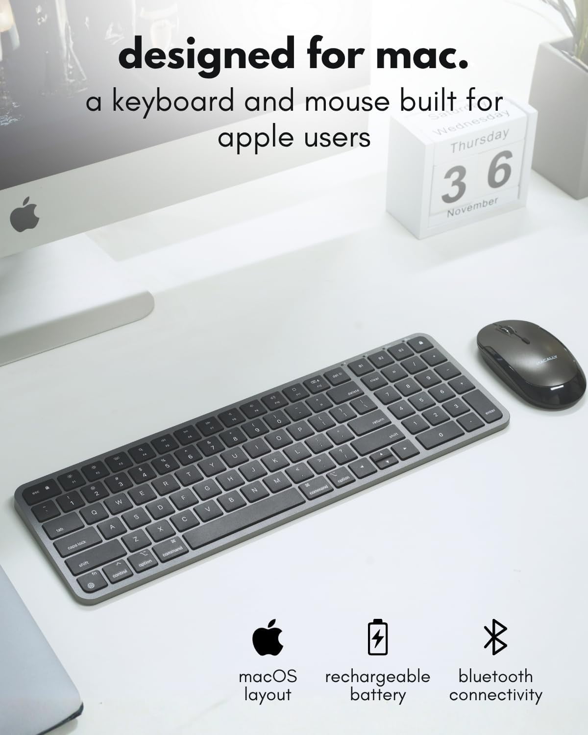 Macally Bluetooth Mac Keyboard and Mouse - Compact (2 Zone) Wireless Apple Keyboard and Mouse Combo with Number Pad - Multi Device, Rechargeable - for Mac, MacBook Pro/Air, iPad, iPhone - Space Black