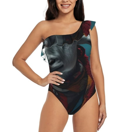 Goofa Surrealist Goat Pattern Women s One Piece Swimsuits Tummy Control Bathing Suits Asymmetric One Shoulder Swimwear-XX-Large