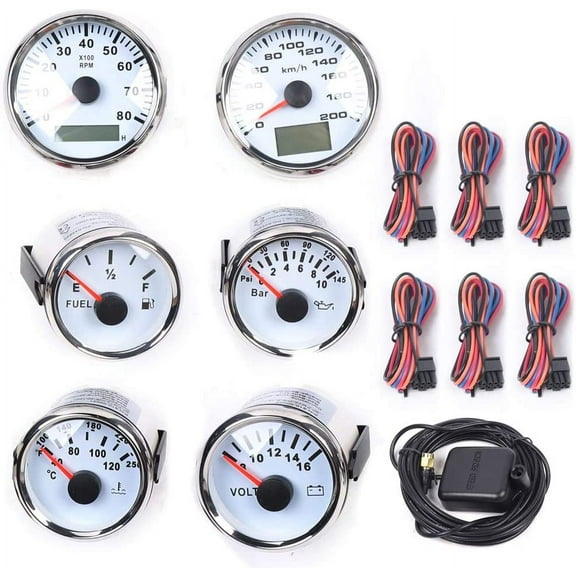 6-Gauge Vehicle Instrument Kit White Face Speedometer, Tachometer, Oil Level Gauge, Oil Pressure Gauge, Volt Gauge, Water Temperature Gauge