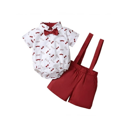 

2pcs Newborn Baby Boy Gentleman Outfits Beard Print Short Sleeve Romper Tops + Suspender Shorts Infant Short Pants Set