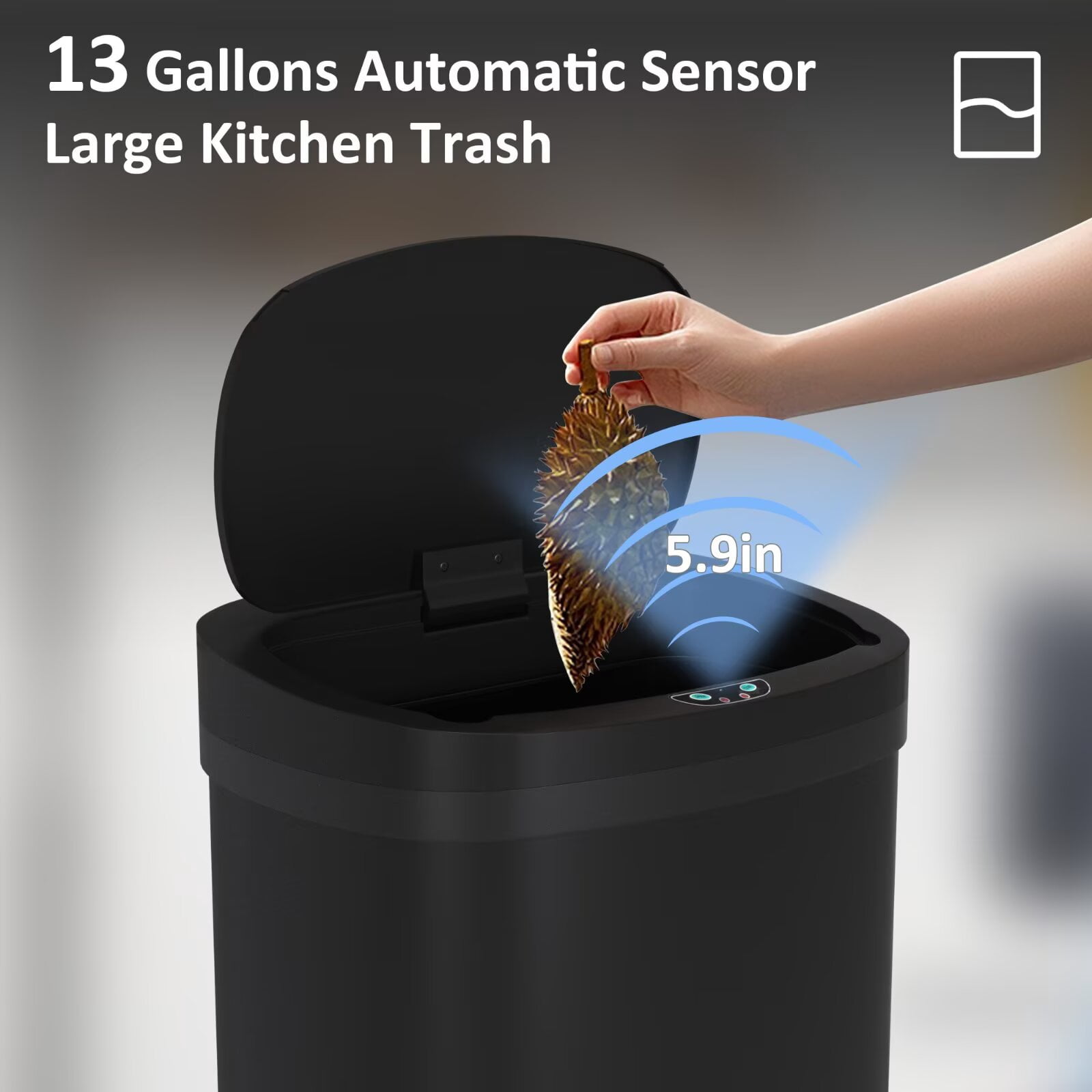 YRLLENSDAN 13 Gallon Touchless Stainless Steel Trash Can, Automatic Garbage Cans with Lid, Motion Sensor Wateproof Trash Bin for Kitchen Bedroom Bathroom Office, Black