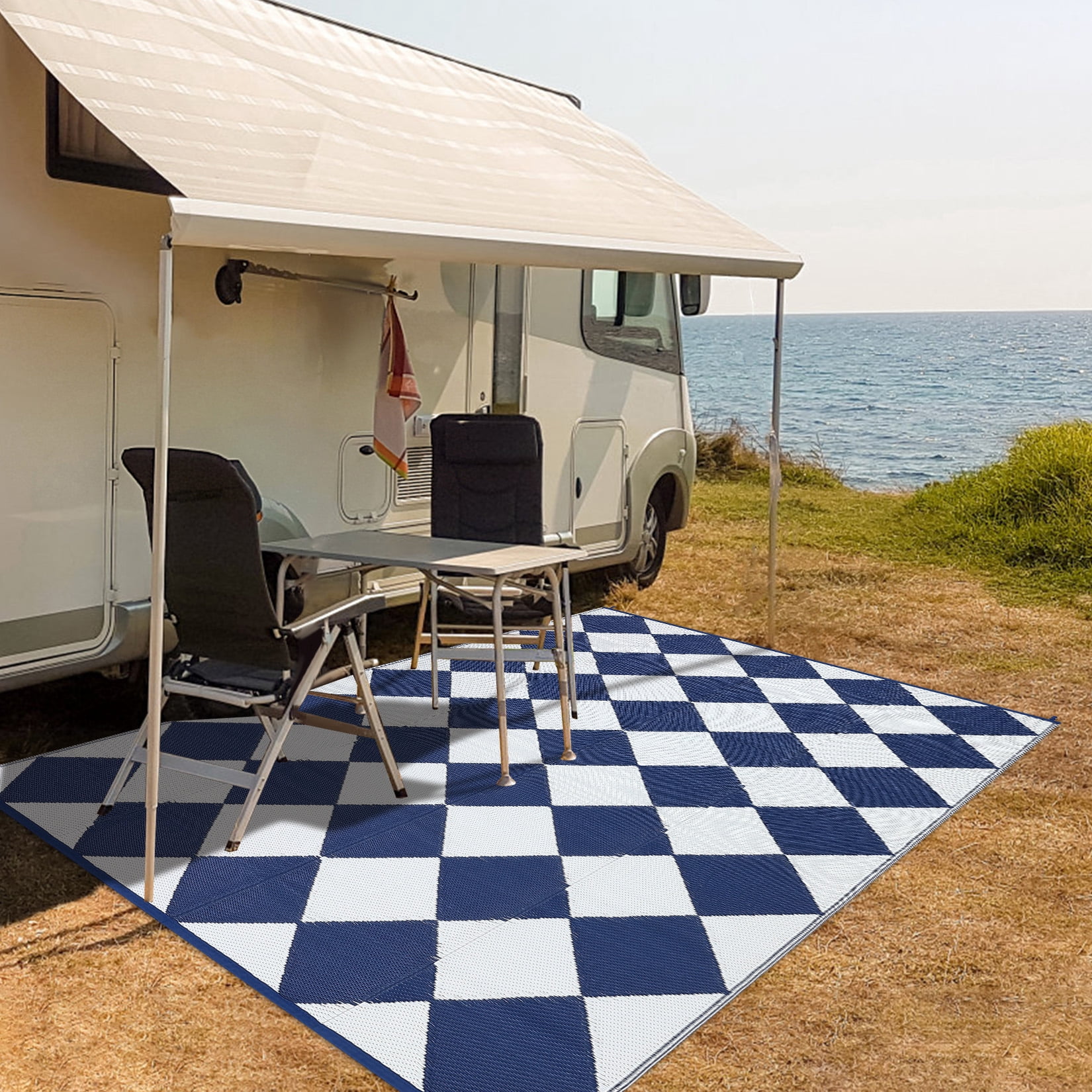 GlowSol 9x18 Outdoor Rug Waterproof Carpet Patio Rug Indoor Outdoor Area Rug Reversible Rug for Picnic Beach Deck-Outdoor, Dark Blue/White