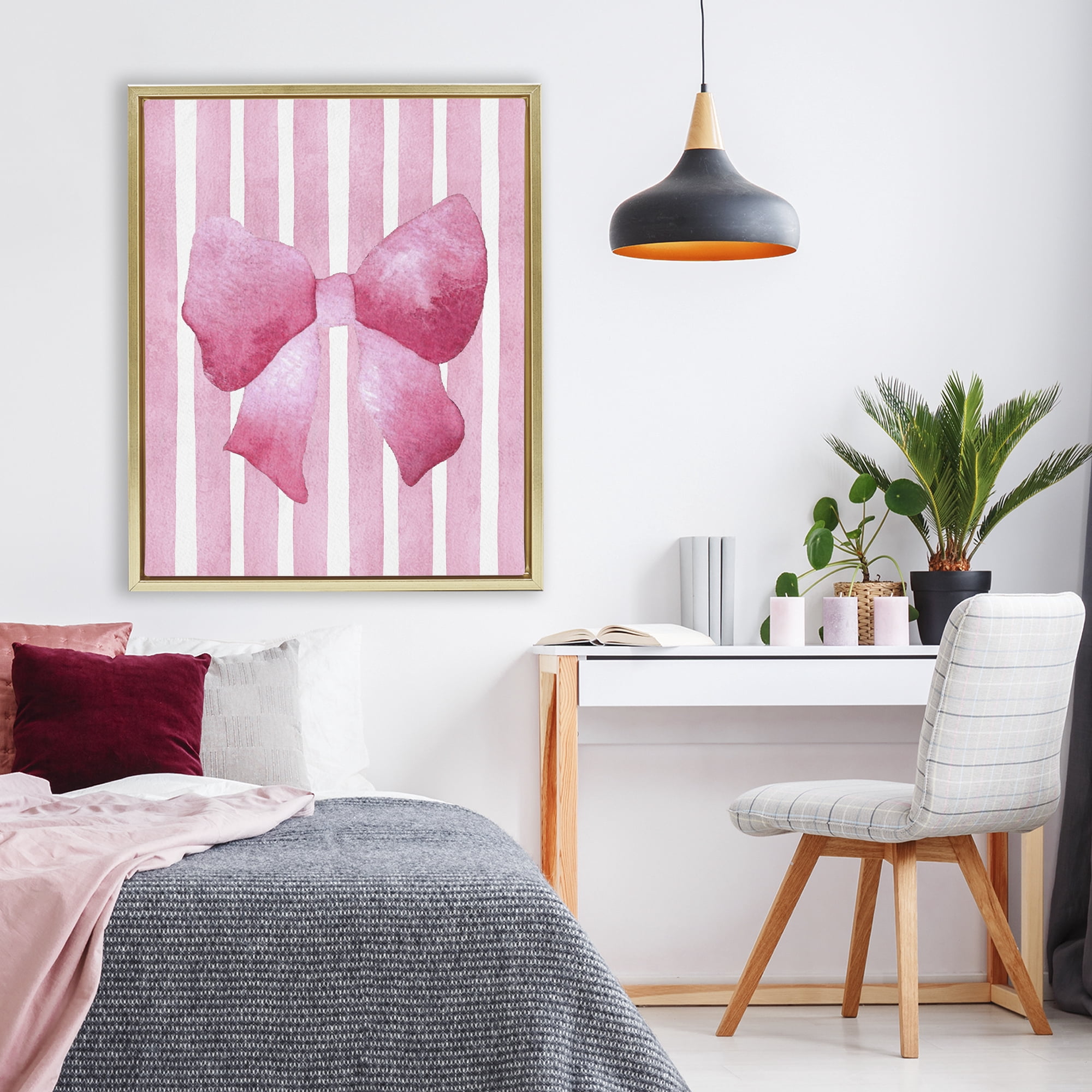Stupell Industries Chic Bow on Pink Stripes Gold Framed Floater Canvas Wall Art, design by Camila Juncos