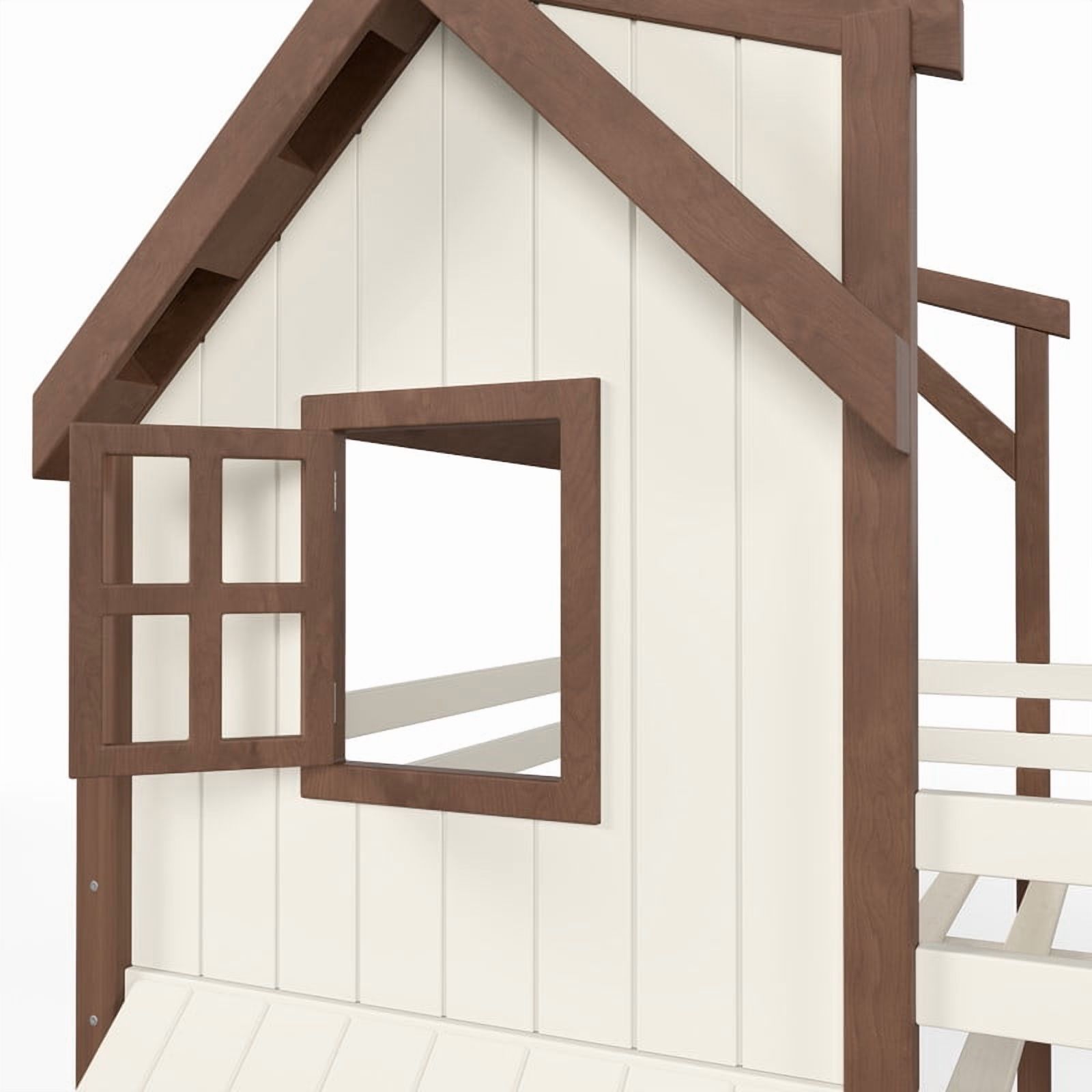 Full-Over-Full Kids House Bed Frame with Storage Stairs & Bottom Floor Bed, Playhouse Bunk Bed with Roof & Window