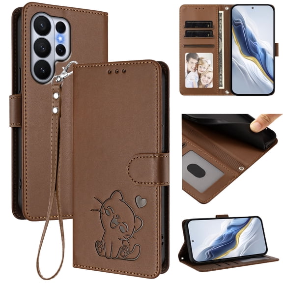 Allytechgroup for Samsung Galaxy S26 Ultra Wallet Case, Cute Cat Embossed Flip Cover with Cards Slots Cash Pocket Magnetic Closure Lanyard Phone Case for Samsung Galaxy S26 Ultra, Brown