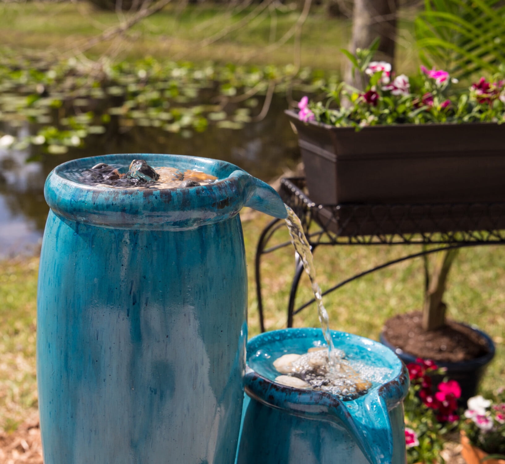 Kenroy Home Vessel 36'' Cascading Waterfall Fountain 4-Tiered Jar Freestanding Fountain for Outdoor Patio, Garden, Backyard, or  Deck, Blue