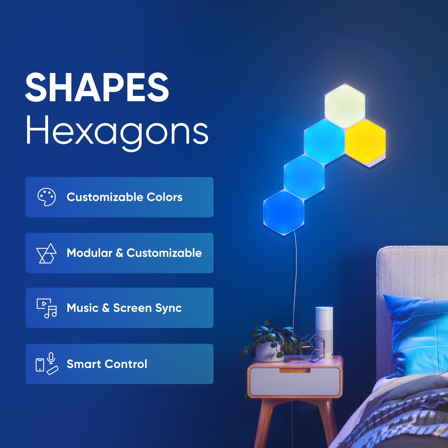 Nanoleaf Shapes Hexagons Smarter Kit (5 Panels) – Modular Wall Light Panels for Indoor Use, Modern Home Decor Style