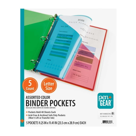 Pen+Gear Multicolor Binder Pocket, 5 Pack