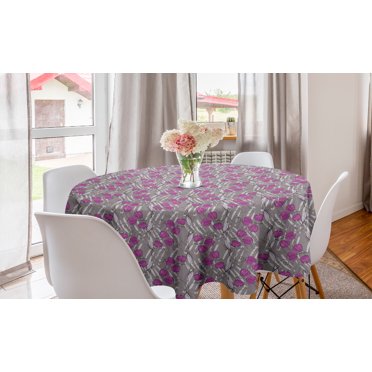 Floral Round Tablecloth, Shabby Swirly Flower Bouquets Curly Branches Flourishing Fragrance Petals, Circle Table Cloth Cover for Dining Room Kitchen Decor, 60", Fuchsia Taupe Grey, by Ambesonne