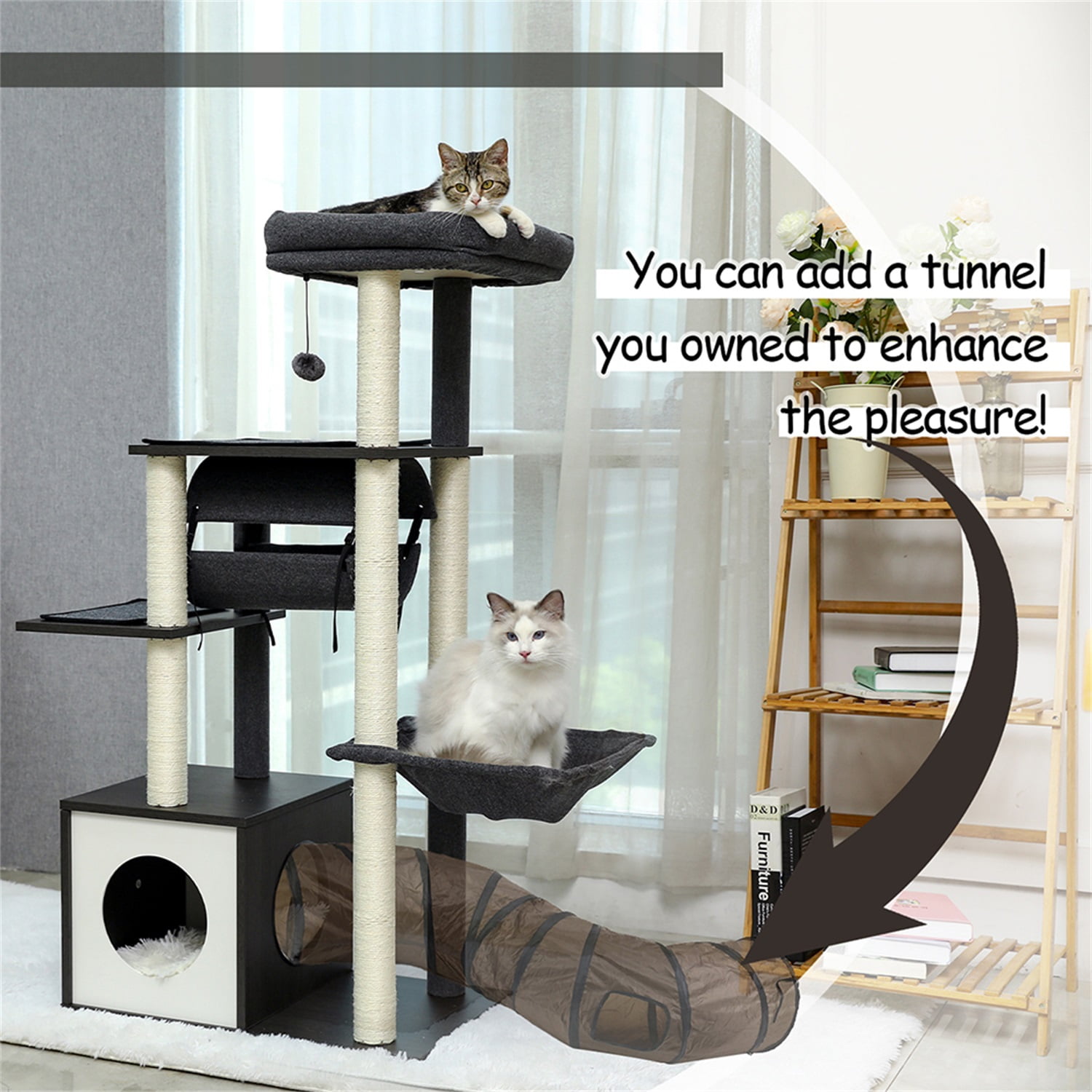 Pefilos 51.4 Inches Modern Cat Tree 6 Levels Wooden Cat Tower with Sisal Covered Scratching Posts, Cozy Condo, Spacious Perch, Hammock and Swing Tunnel for Indoor Cats, Gray Pefilos 51.4 Inches Modern Cat Tree 6 Levels Wooden Cat Tower with Sisal Covered Scratching Posts, Cozy Condo, Spacious Perch, Hammock and Swing Tunnel for Indoor Cats, Gray
