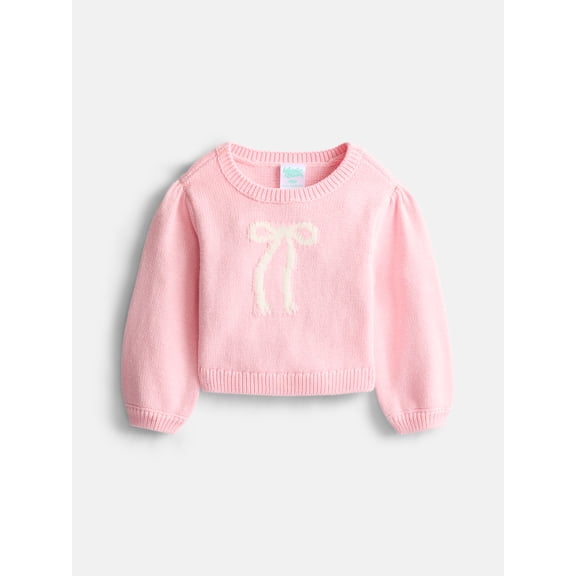 Wonder Nation Baby Girls Cotton Graphic Sweater with Long Puff Sleeves, Sizes 0-24M