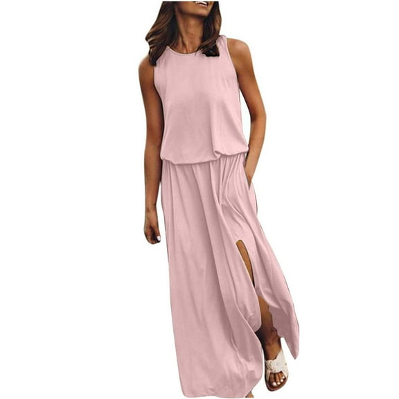 BLVB Womens Summer Dresses 2024 Sleeveless Crewneck Sundress Split Flowy Beach Vacation Maxi Dress with Pockets