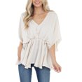 thumbnail image 1 of Tops de gasa con cuello en V, camisas con dobladillo con volantes y manga de murciélago de verano, blusa holgada para mujer, color Beige XL, 1 of 6