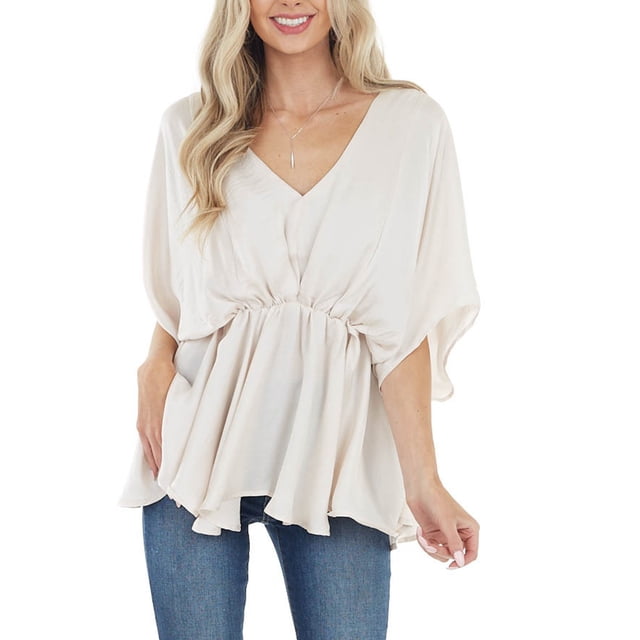 Tops de gasa con cuello en V, camisas con dobladillo con volantes y manga de murciélago de verano, blusa holgada para mujer, color Beige XL