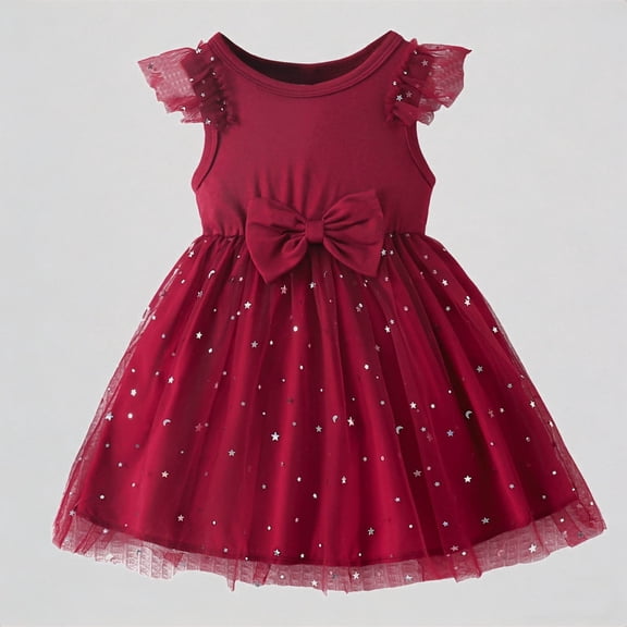 REDARER Girls Tulle Dress, Star & Moon Print Ruffle Strap Bow Front Princess Dress for Holiday Party,6-12 Months