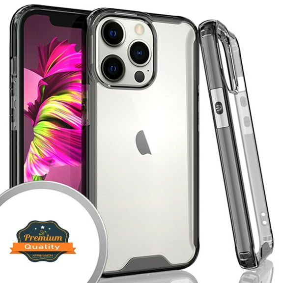 Xpression Case for Apple iPhone 13 (6.1") Ultra Slim Body Frame [Shock-Absorption] Hybrid Rubber Gummy TPU Clear Hard Back Protective Phone Cover [Smoke Black]
