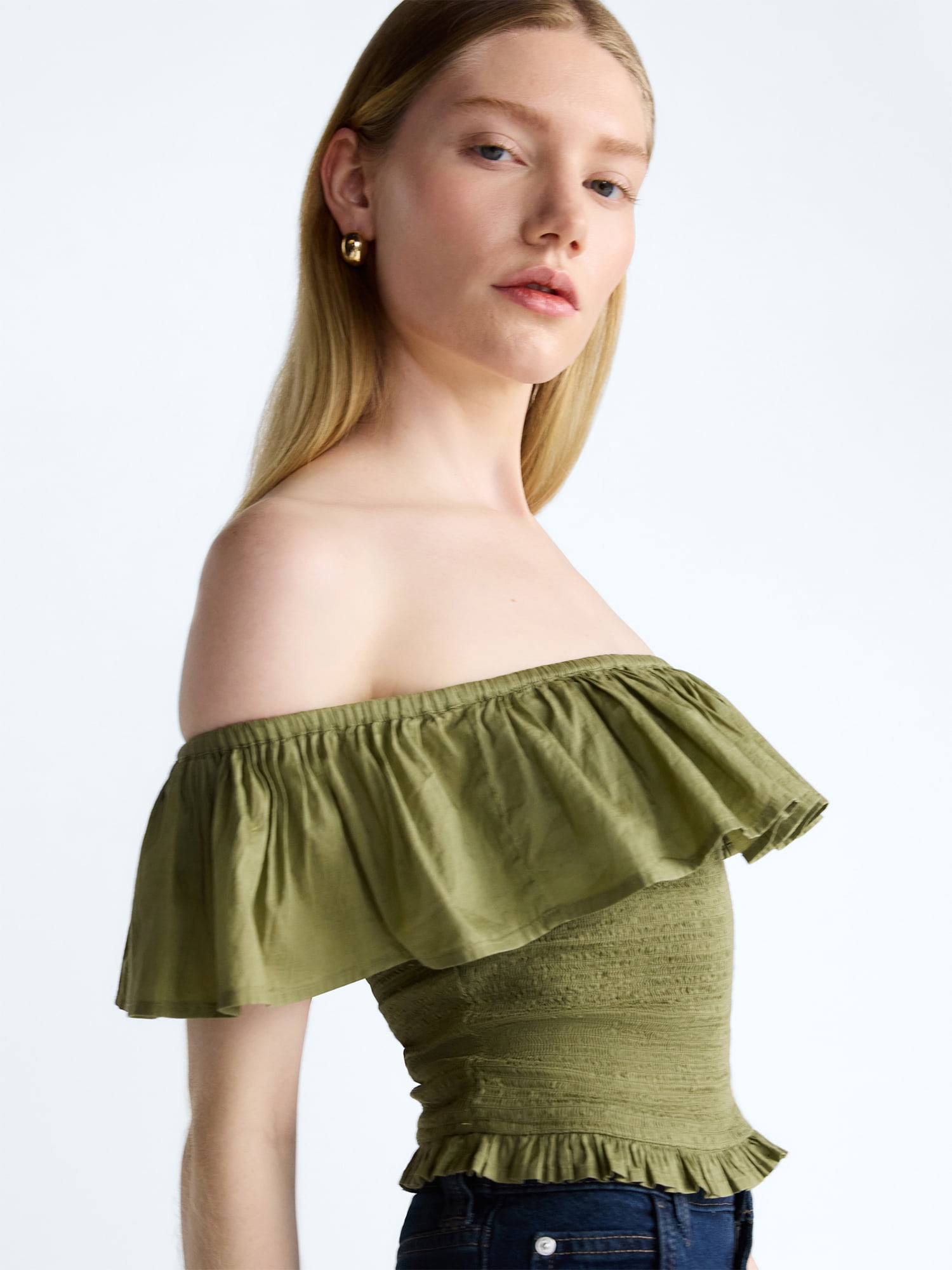 Scoop Women’s and Women’s Plus Off-the-Shoulder Smocked Ruffle Cotton Top, Sizes XS-4X