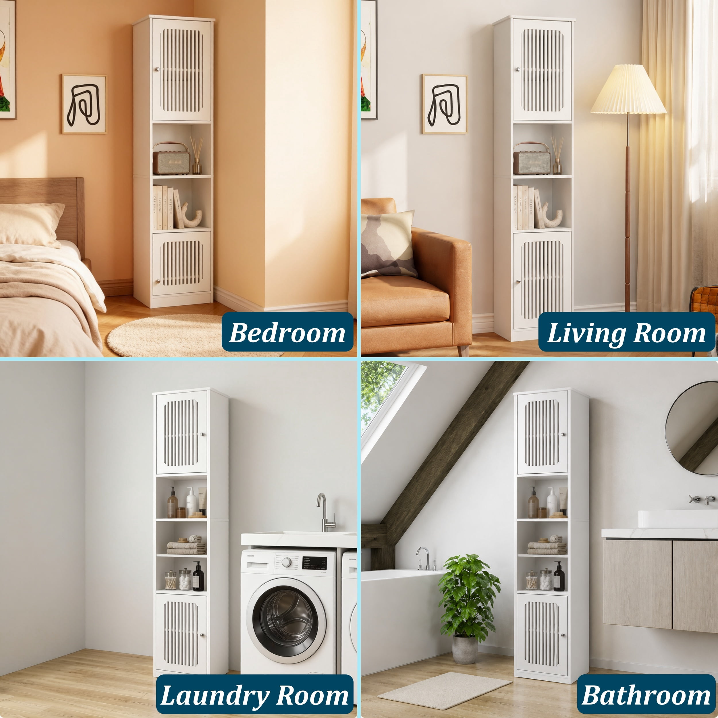 64.17''H High Utility Storage Cabinet with Grille Doors, Freestanding Kitchen Pantry, Bathroom Cabinet with Adjustable Shelf