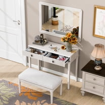 AENKYO Classic Vanity Desk Set with Big Mirror & Bench - Versatile Makeup Dressing Table with Drawers, Beige