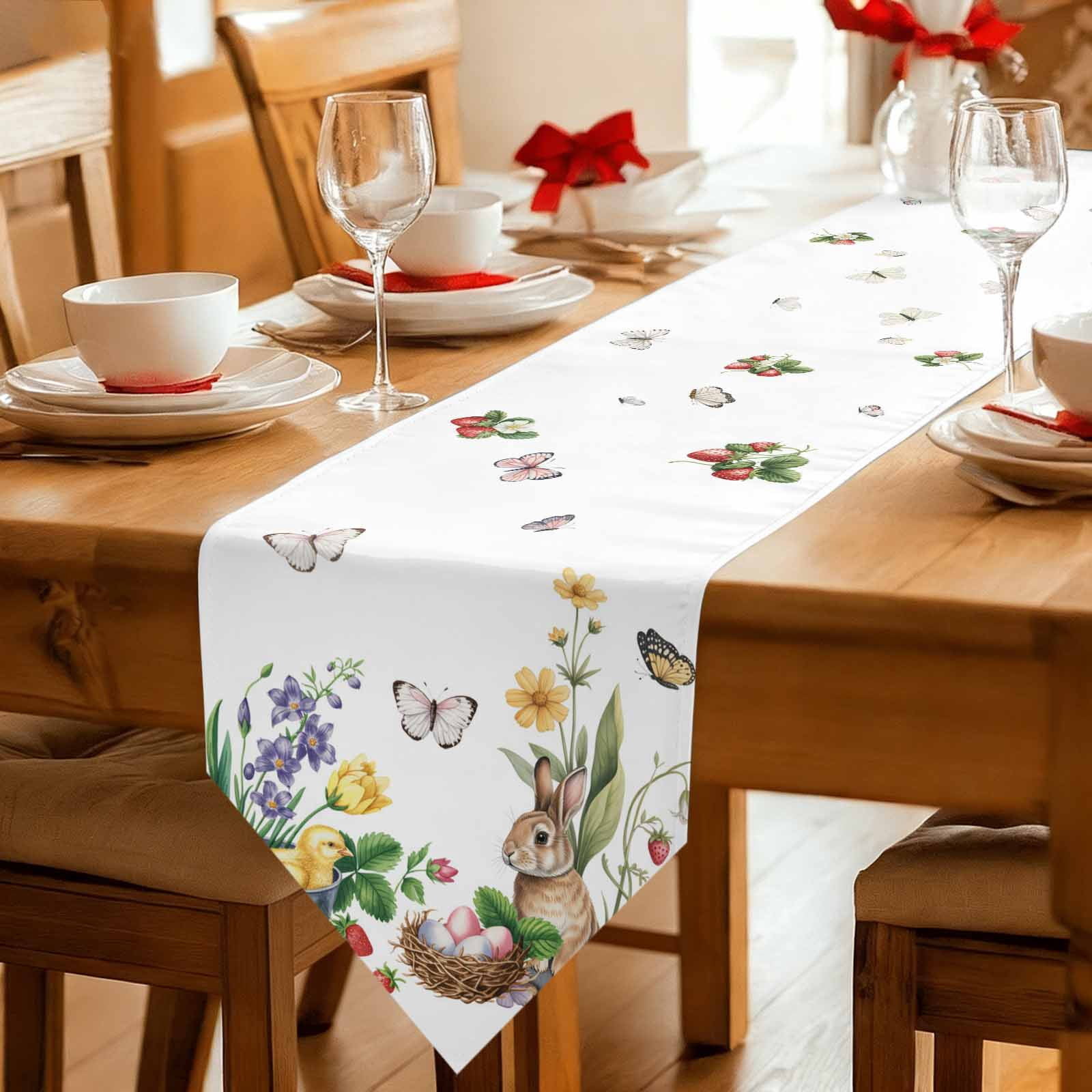Spring Easter Table Runner Linen Burlap Table Runner 108 Inches Long Country Bunny Chick Floral Butterflies Watercolor Dresser Scarves for Kitchen Island Coffee Dining Party Holiday Decor 13"x108"