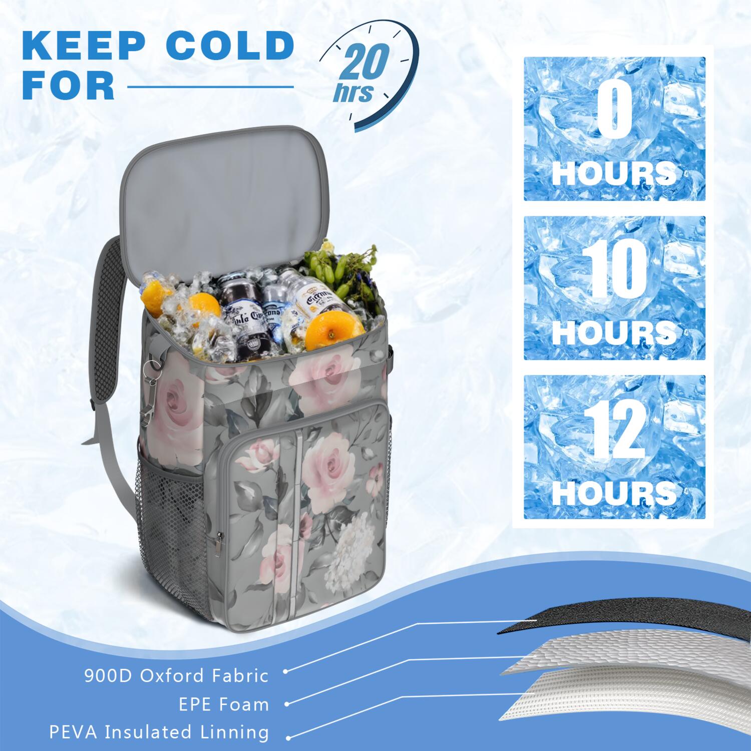 Travel Cooler Bag - Pioneer Flower Floral Print Pattern Camping Beer Cooler Backpack with Bottle Opener- Waterproof Insulated Picnic Backpacks - Cooler Bag for Beach