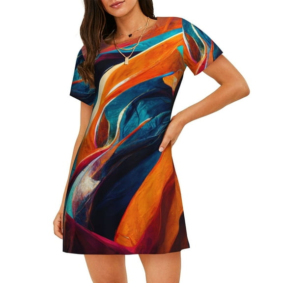 Hirioo Abstract Fabric Color Waves for Women’s Nightdress Comfortable Short Sleeve Nightwear Casual Sleep Dress
