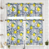 Blue Tiles Lemon Kitchen Curtains Short and Valance Set Fruit ining Room Fabric Curtain Drapes Retro Rustic Cafe Curtains Valance for Home Decor